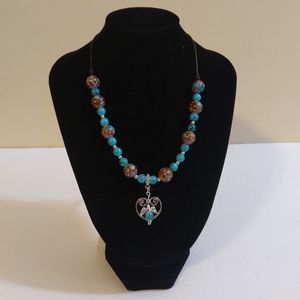 NEW Artisan Women's Turquoise and Brown Glass Beads, Brown Leather 24" N…